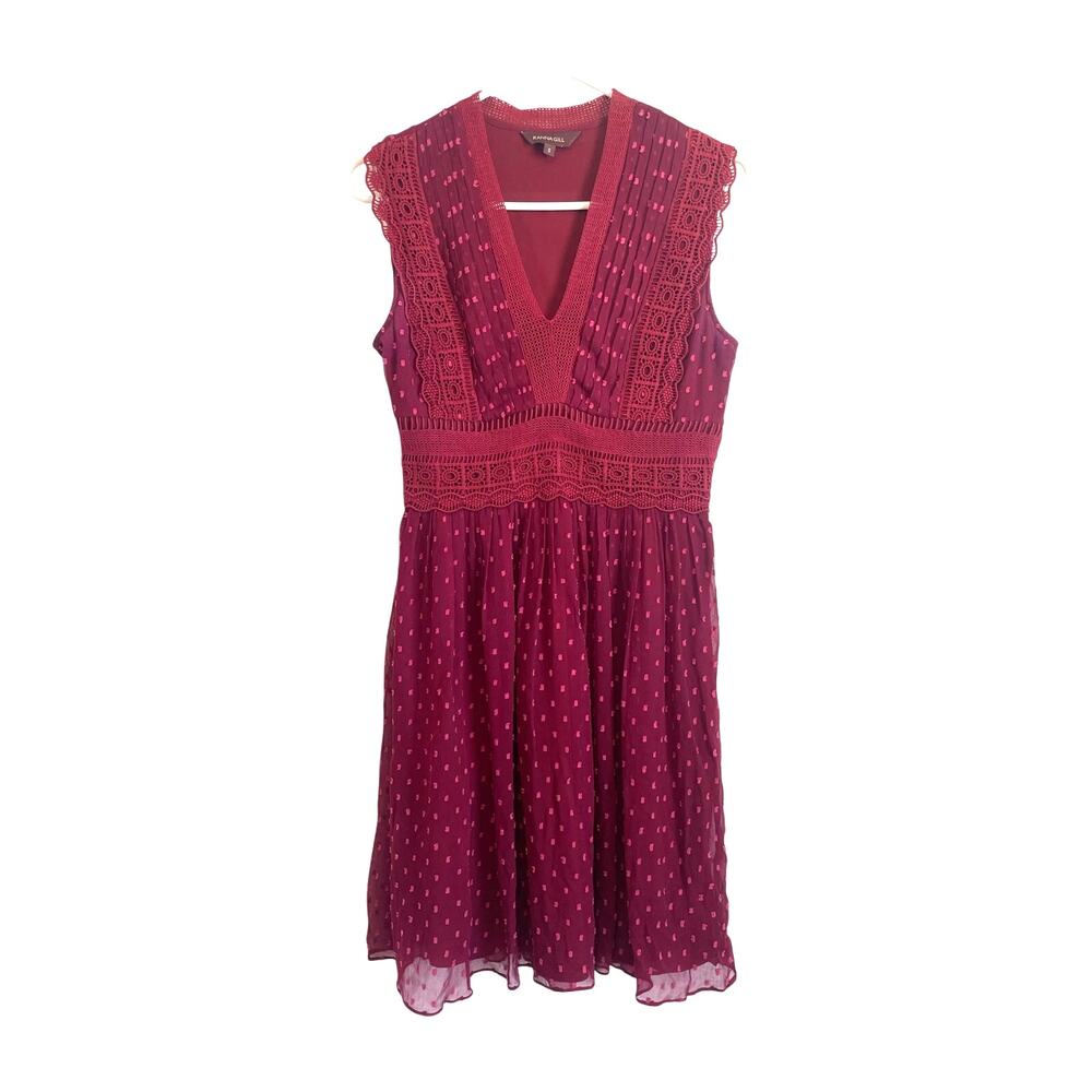Anthropologie Ranna Gill Burgundy Fit & Flare Mini Dress Crochet Dot Boho Small